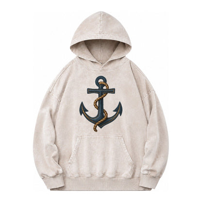 Anchor And Rope Nautical Illustration Vintage Washed Hoodie – Off White