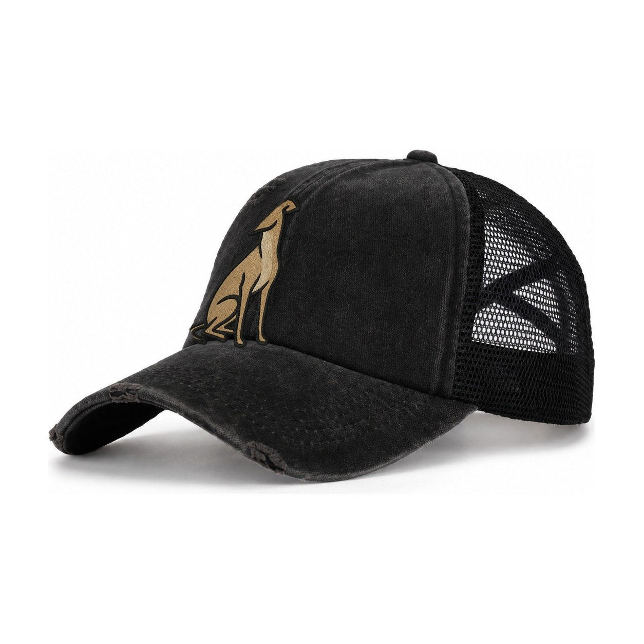 Whippet Fawn Colored Design Women's Ponytail Trucker Hat – Black Black