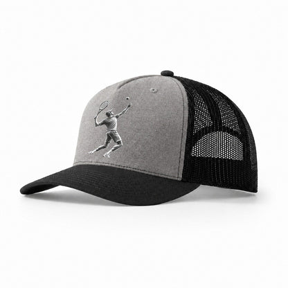 Tennis Player Serving Powerful Shot Trucker Hat – Grey-Black
