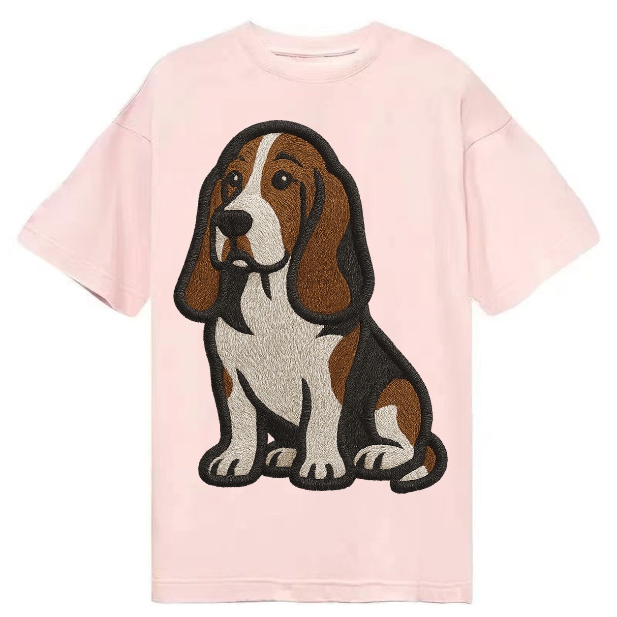 Basset Hound Tri Color Embroidered Sitting Pose Classic T-shirt – Pink