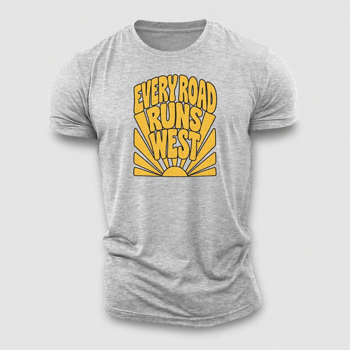 Every Road Runs West Sunburst Sayings Cotton T-Shirt – Sport Grey