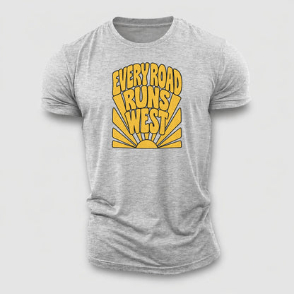 Every Road Runs West Sunburst Sayings Cotton T-Shirt – Sport Grey