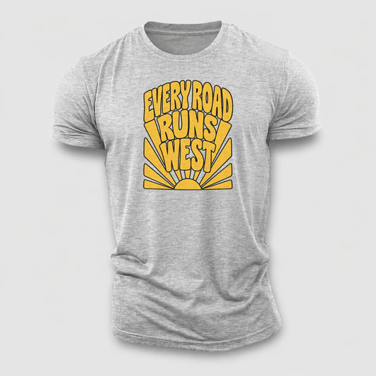 Every Road Runs West Sunburst Sayings Cotton T-Shirt – Sport Grey