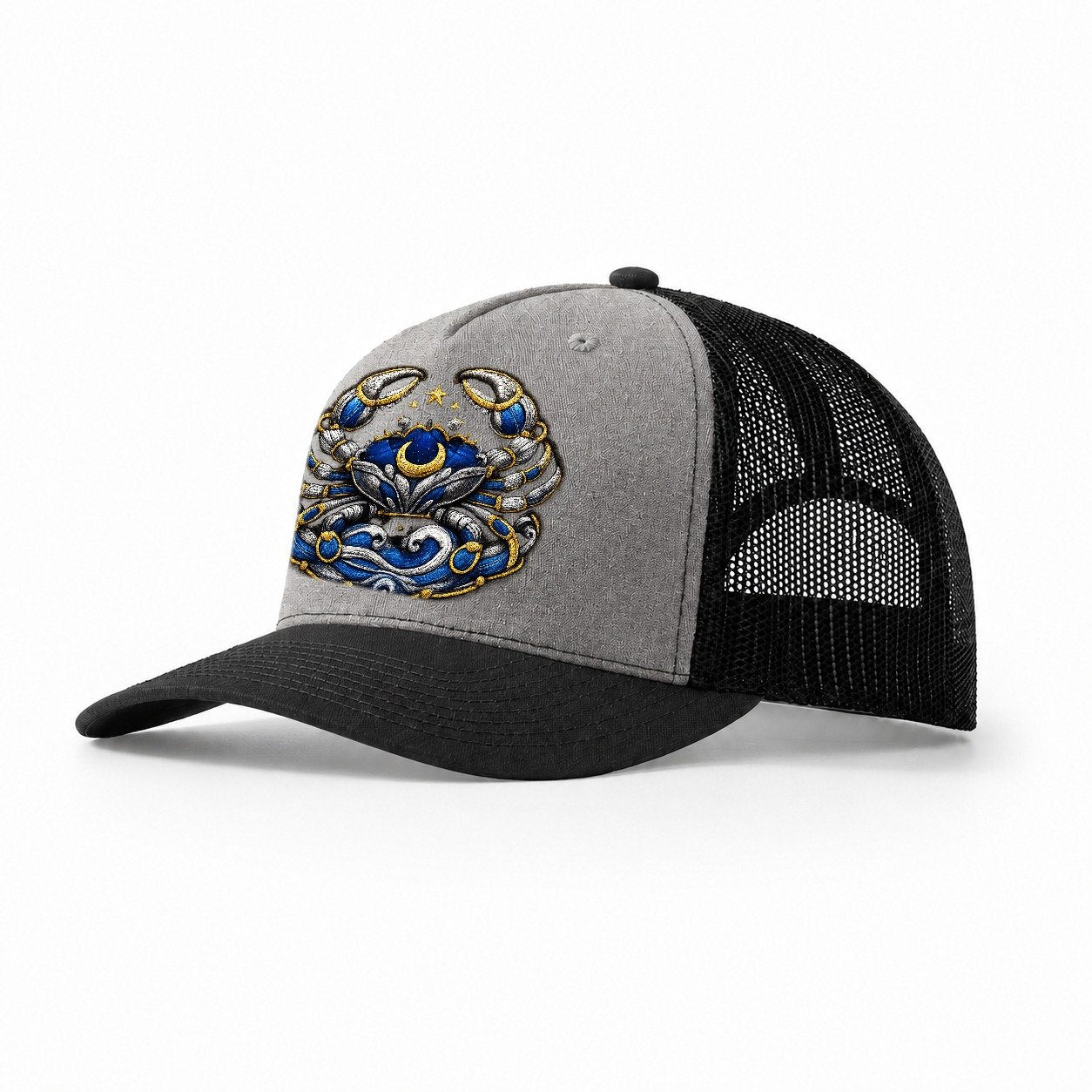 Embroidered Patch Design Cancer Crab Protective Crab In Silv Trucker Hat – Grey-Black