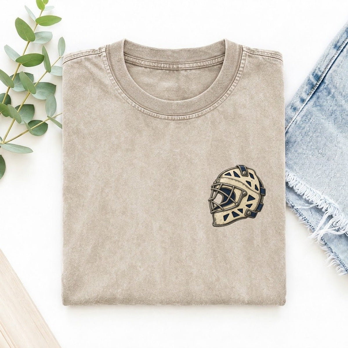 Goalie Mask Side Profile Keepsake Emblem Left Chest Vintage T-shirt – Off White