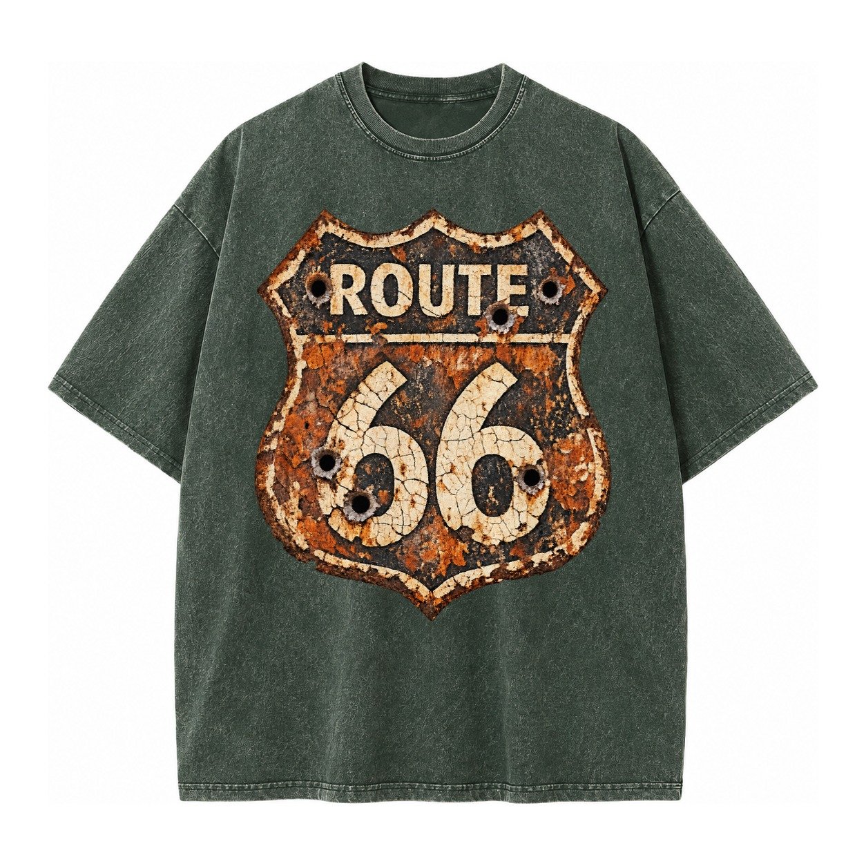 Weathered Marker Rust Aged Route 66 Sign Desert Sun Bleached Vintage T-shirt – Forest Mist