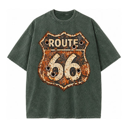 Weathered Marker Rust Aged Route 66 Sign Desert Sun Bleached Vintage T-shirt – Forest Mist