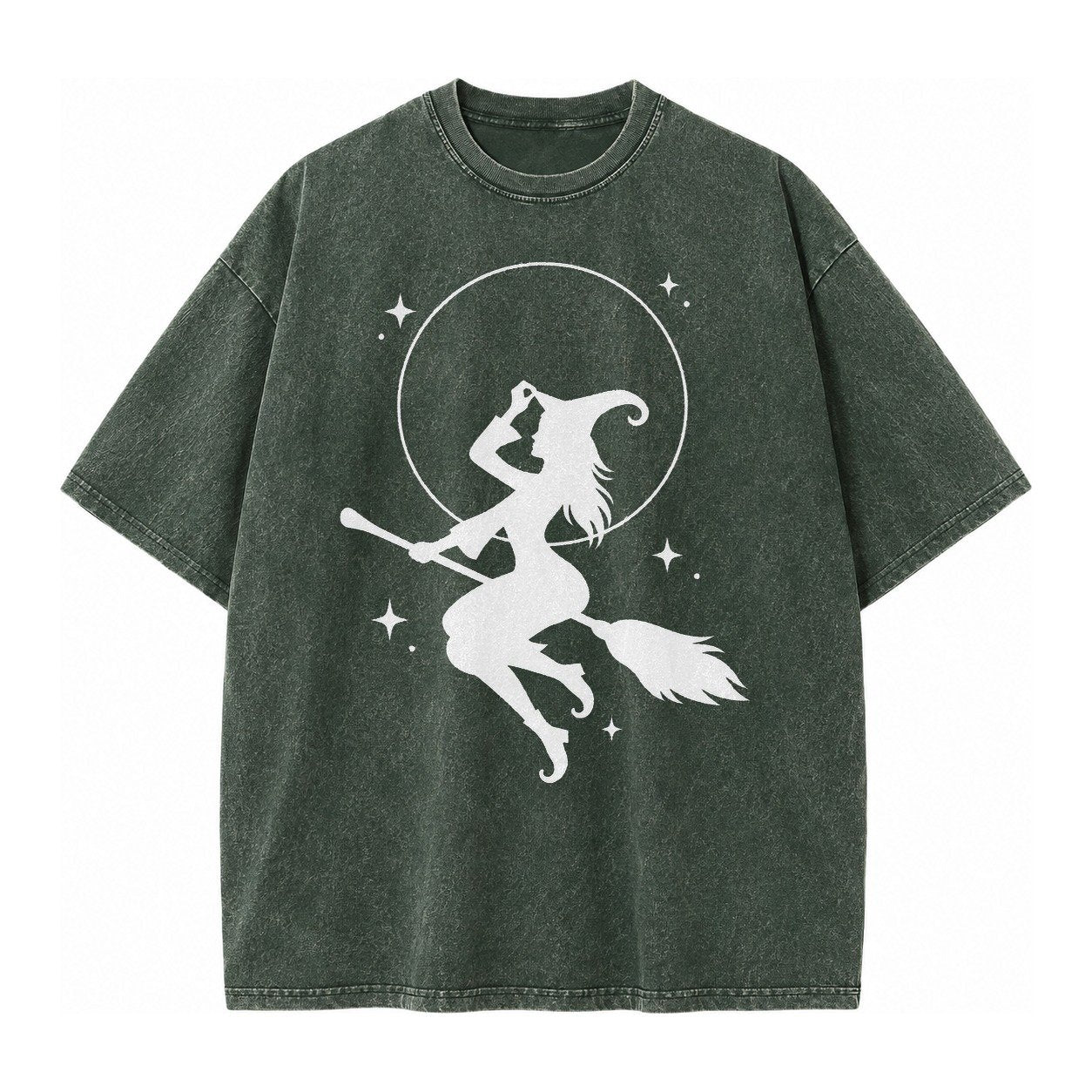 Witch On Broom Vintage T-shirt – Forest Mist