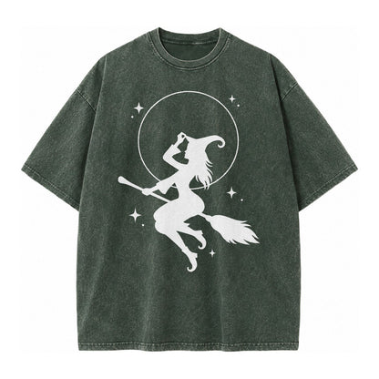 Witch On Broom Vintage T-shirt – Forest Mist