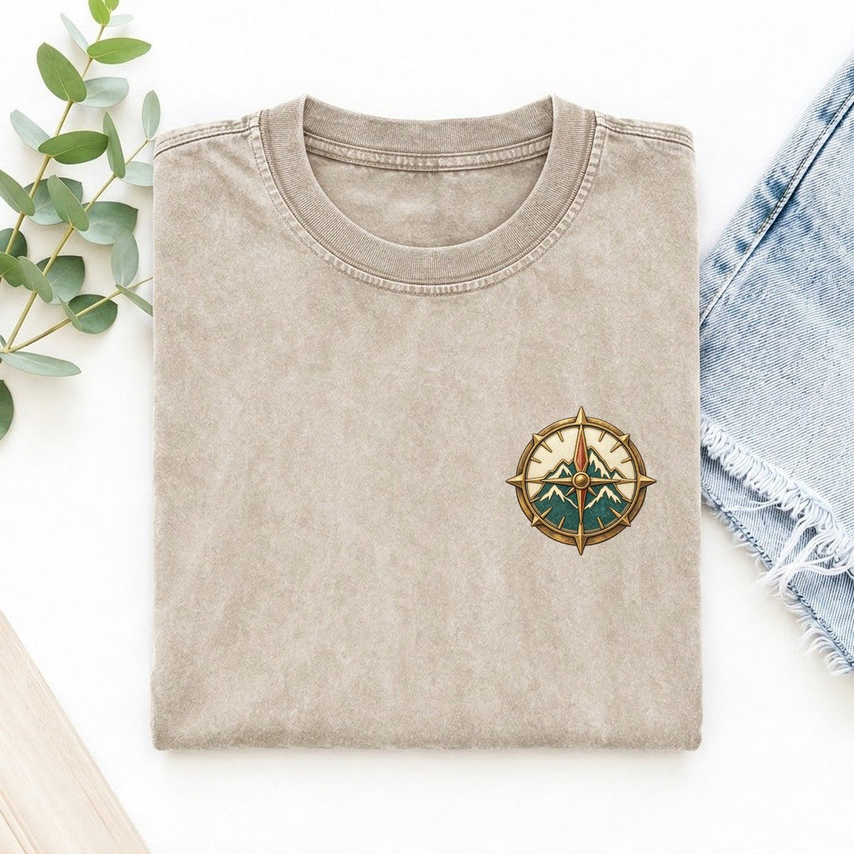 Mountain Compass Fold Keepsake Emblem Left Chest Vintage T-shirt – Off White