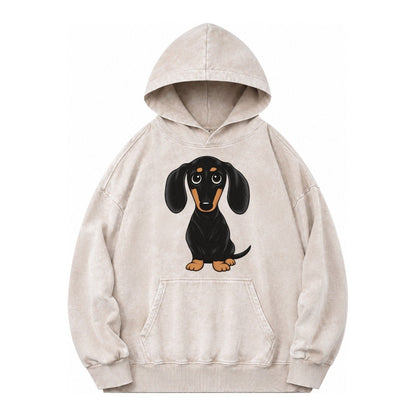 Vintage Style Dachshund Print Vintage Washed Hoodie – Off White
