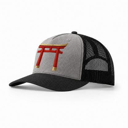 Japanese Torii Gate Shrine Entrance Red Thread Spiritual Gat Trucker Hat – Grey-Black