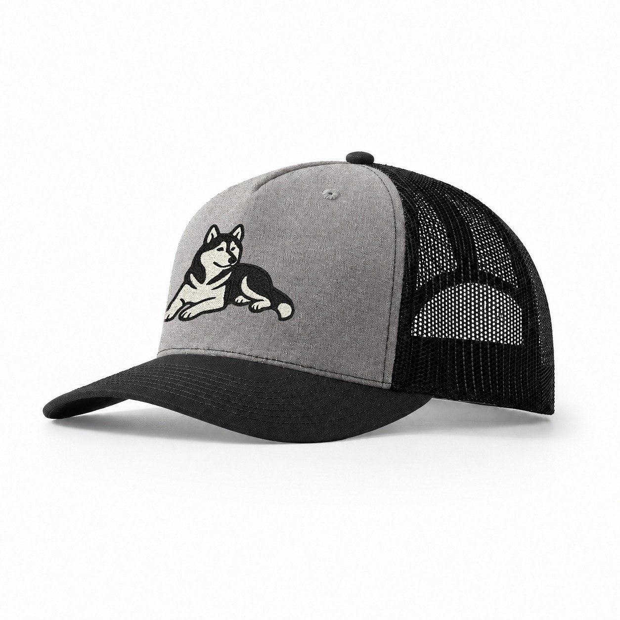 Siberian Husky Black And White Relaxed Lying Down With Head Trucker Hat – Grey-Black