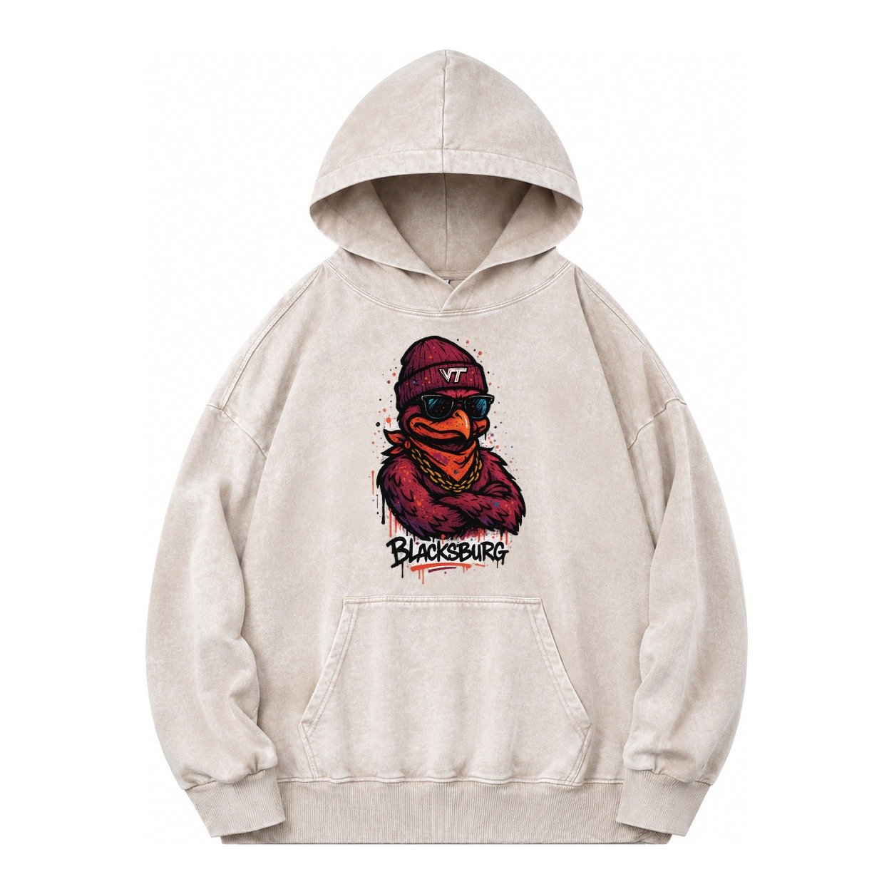 Blacksburg Hokiebird Wearing Virginia Tech Beanie With Vt Pa Vintage Washed Hoodie – Off White