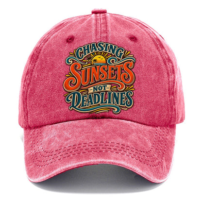 Chasing Sunsets Not Deadlines Retired Living Classic Cap – Pomegranate Blush