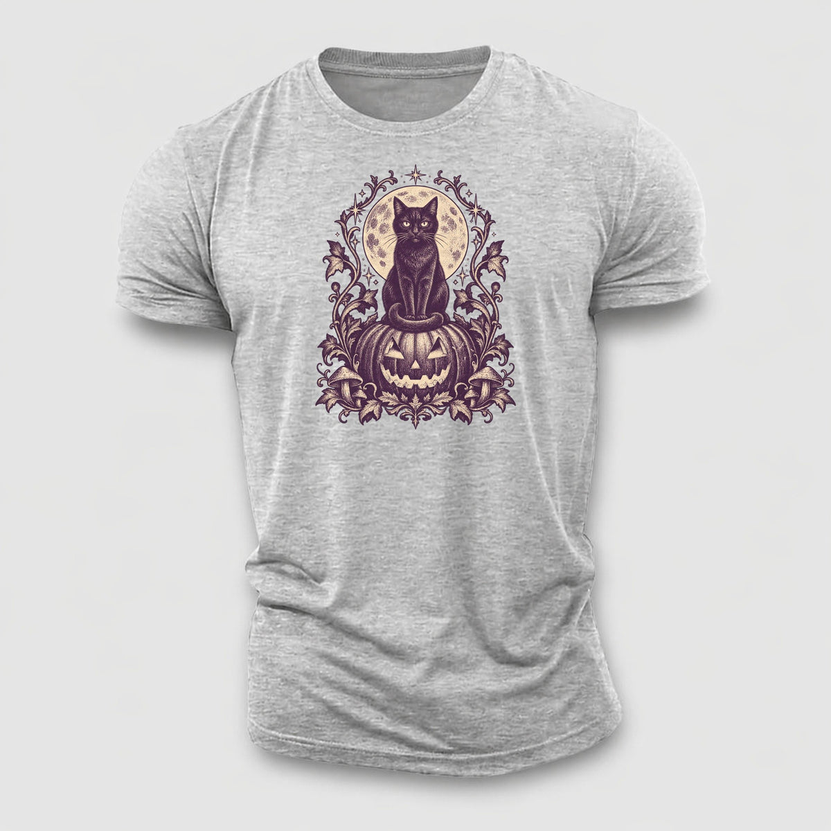 A Black Cat Sitting Upright On Top Of A Large Carved Jack O Lantern Tail Curled Around Its Paws A Full Moon Glowing Behind It Wordless Single Hue Gothic Engraving Portrait Midnight Haunt Cotton T-Shirt – Sport Grey