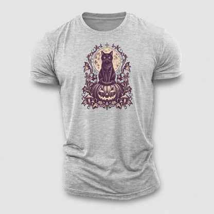 A Black Cat Sitting Upright On Top Of A Large Carved Jack O Lantern Tail Curled Around Its Paws A Full Moon Glowing Behind It Wordless Single Hue Gothic Engraving Portrait Midnight Haunt Cotton T-Shirt – Sport Grey