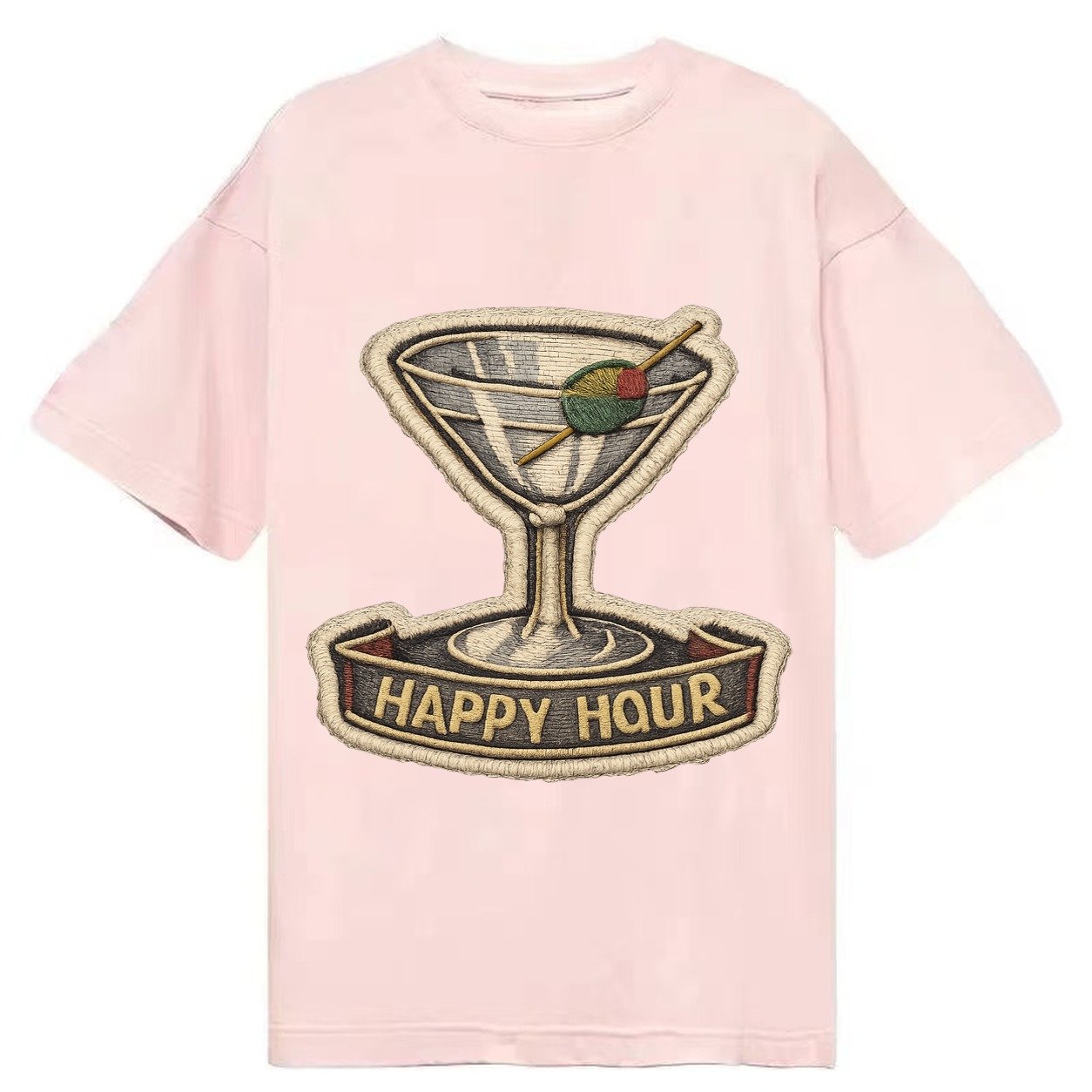 Embroidered Patch Design Cocktail Martini Martini Glass With Classic T-shirt – Pink