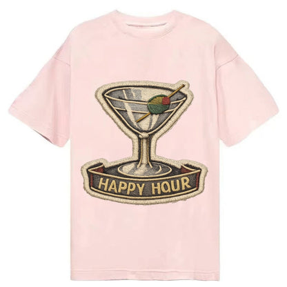 Embroidered Patch Design Cocktail Martini Martini Glass With Classic T-shirt – Pink