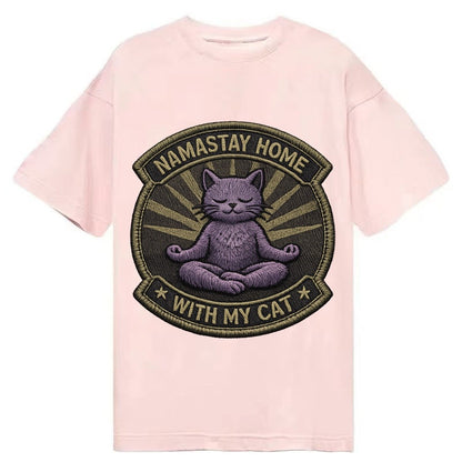 Embroidered Patch Design Namastay Home With My Cat Yoga Cat Classic T-shirt – Pink