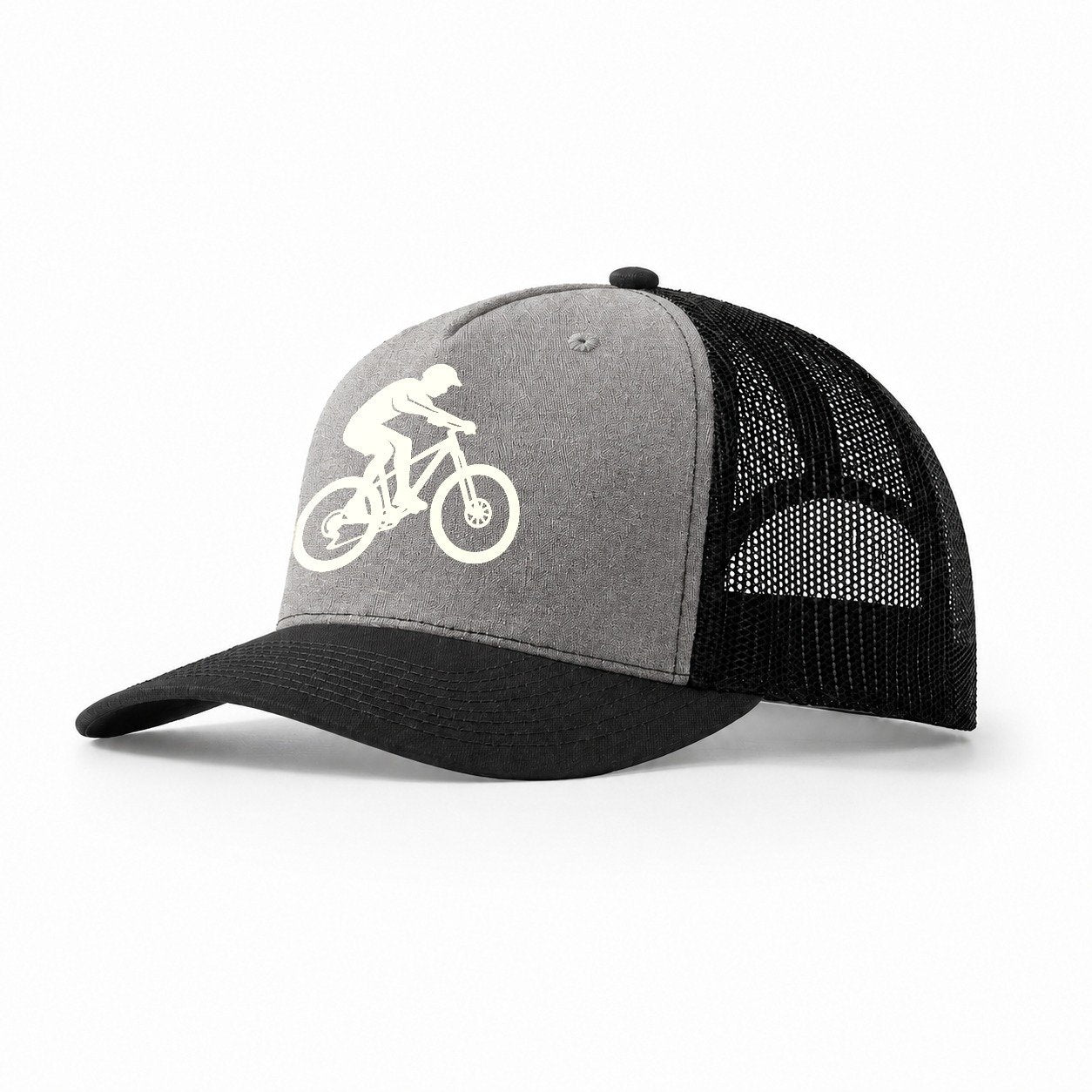 Mountain Biker Catching Air Trucker Hat – Grey-Black