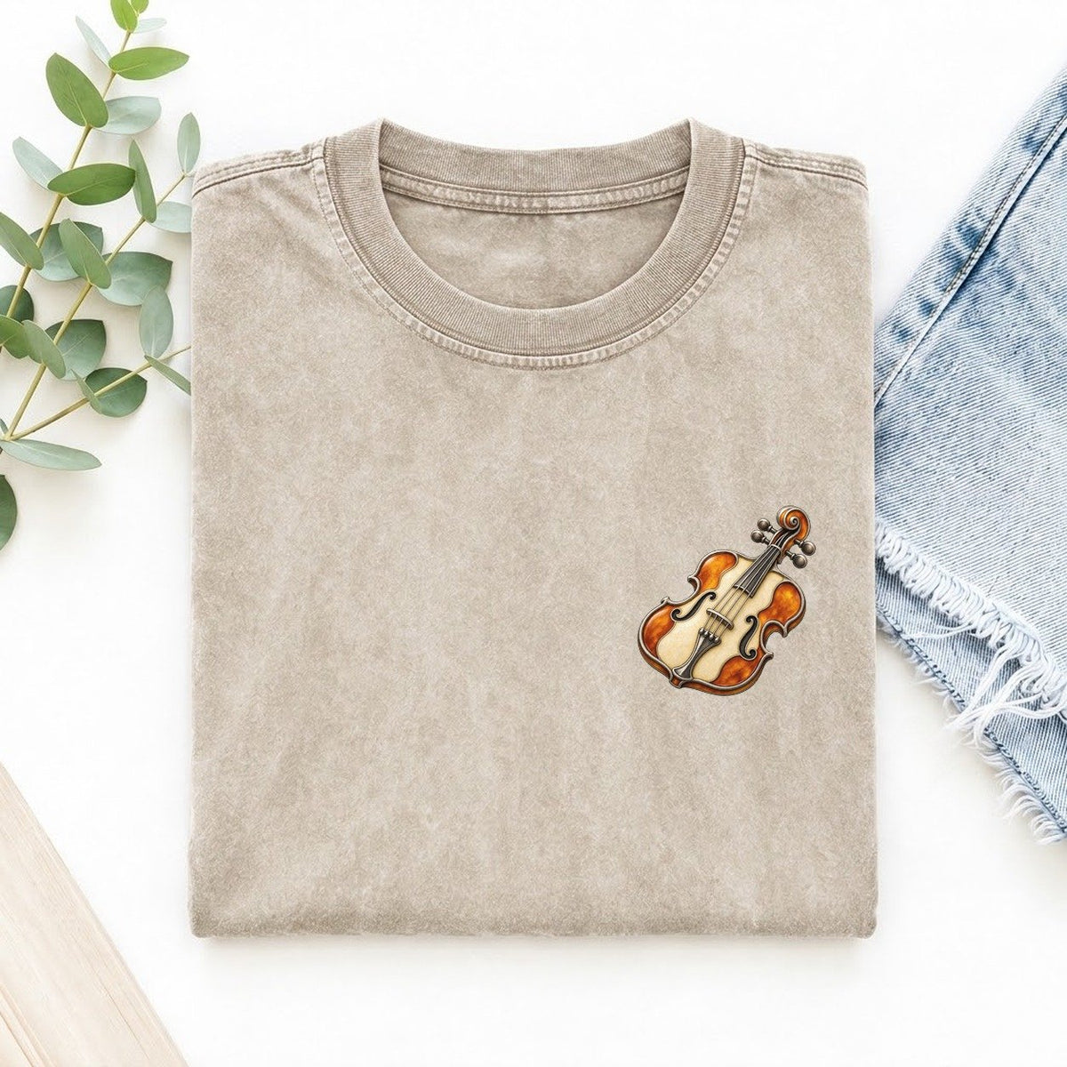 Violin Scroll Curl Keepsake Emblem Left Chest Vintage T-shirt – Off White