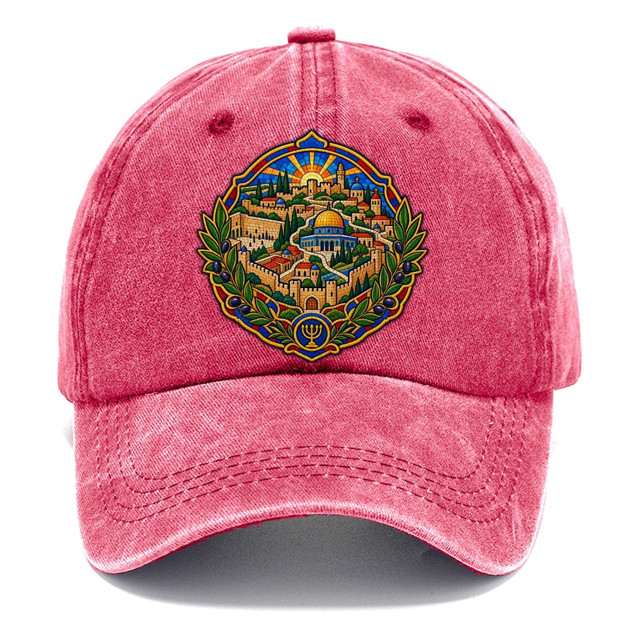 Madaba Style Mosaic Map Jerusalem Classic Cap – Pomegranate Blush
