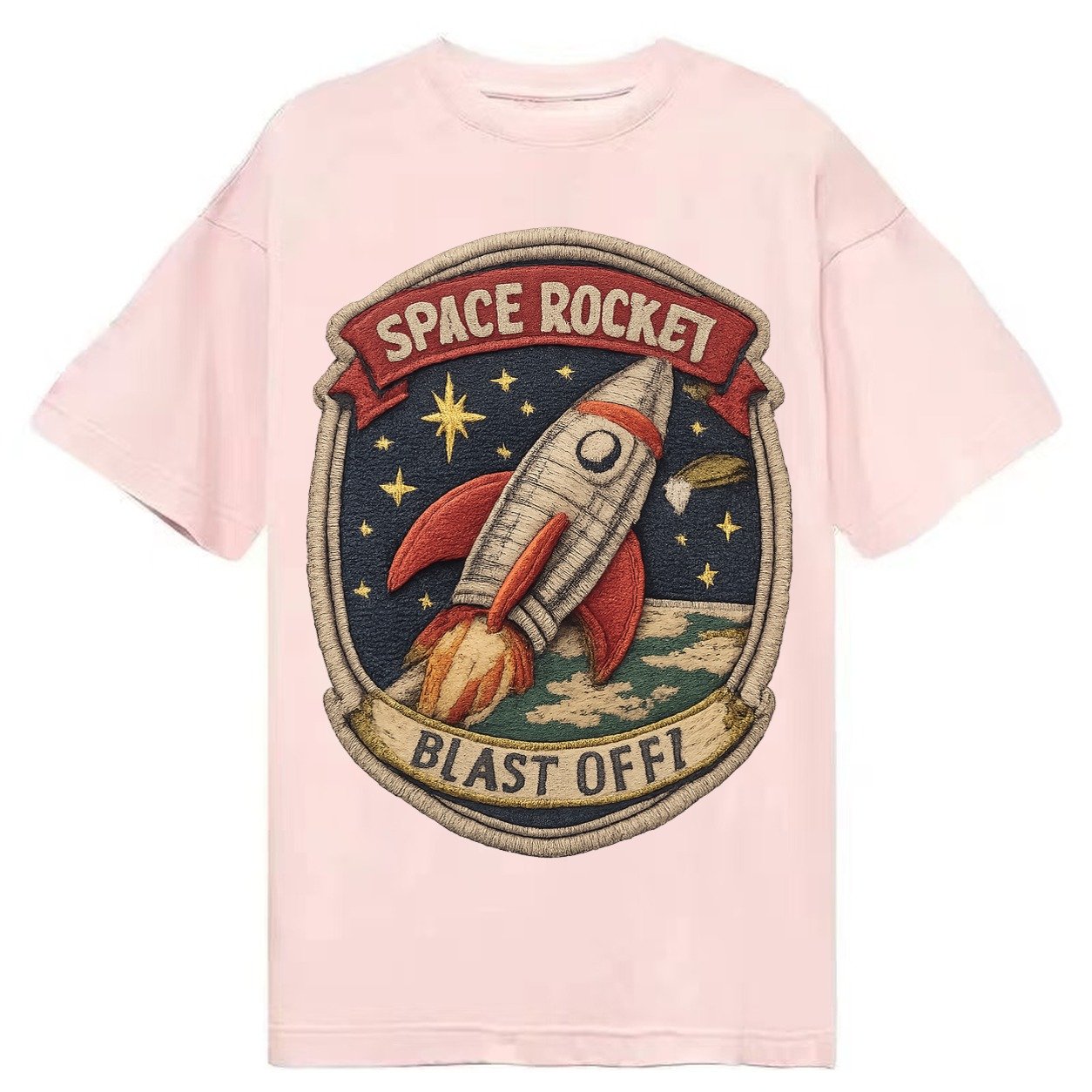 Embroidered Patch Design Retro Rocket 1950s Space Rocket In Classic T-shirt – Pink