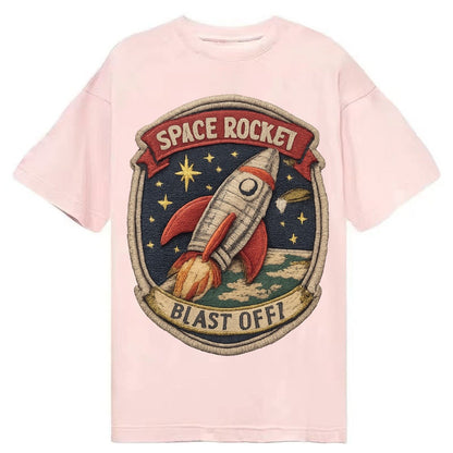 Embroidered Patch Design Retro Rocket 1950s Space Rocket In Classic T-shirt – Pink