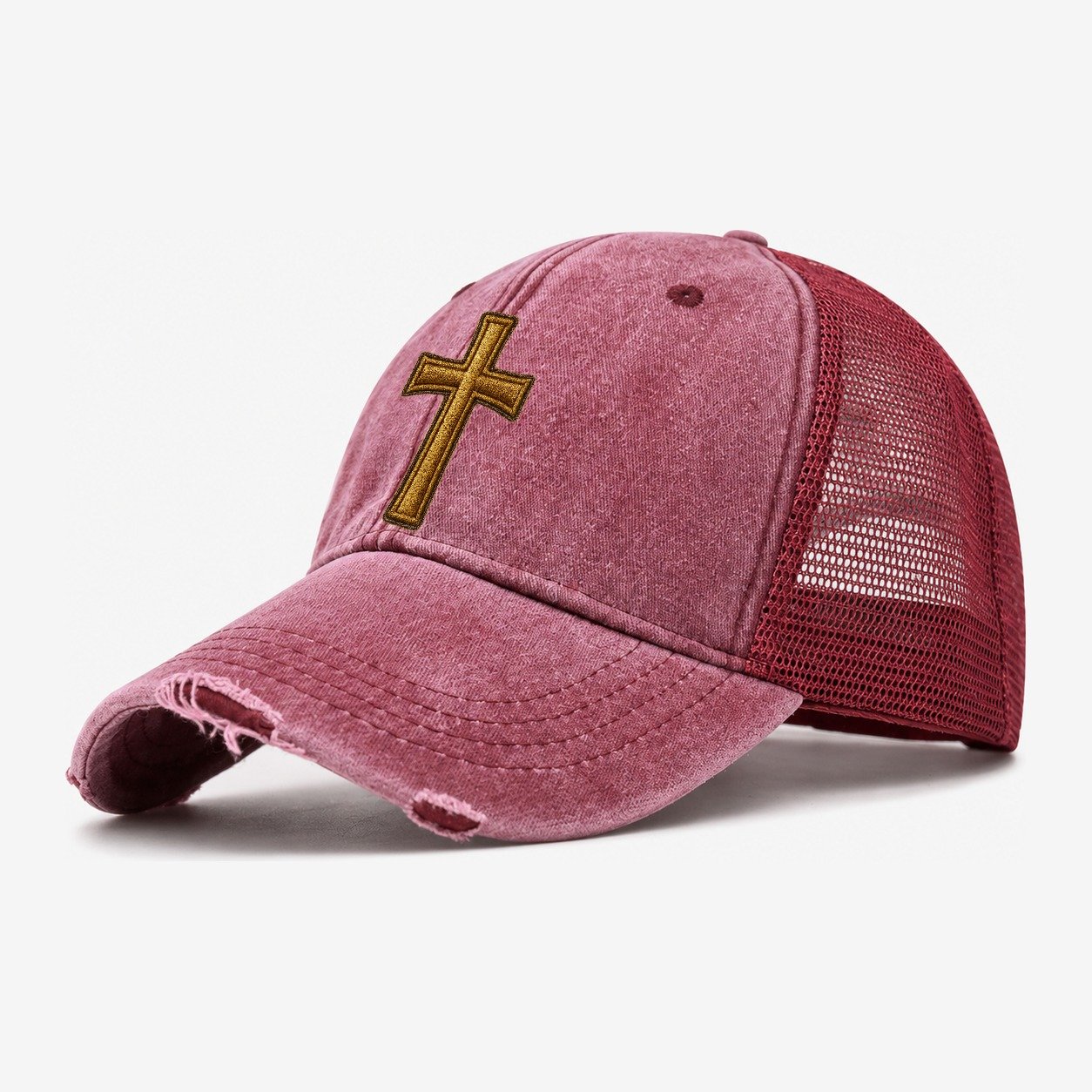 Latin Cross Washed Trucker Hat – Wine Red