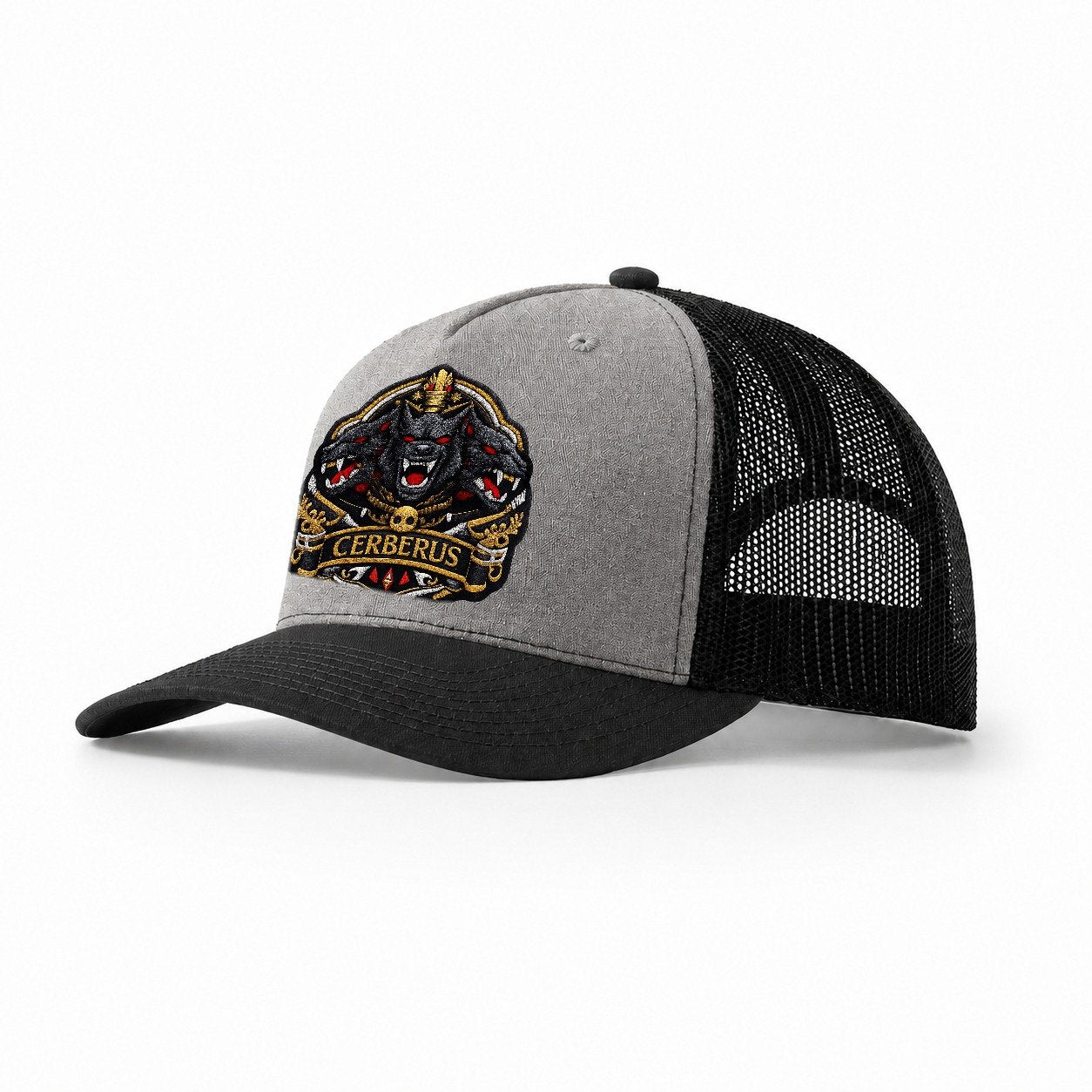 Embroidered Patch Design Cerberus Three Heads Triple Hound I Trucker Hat – Grey-Black