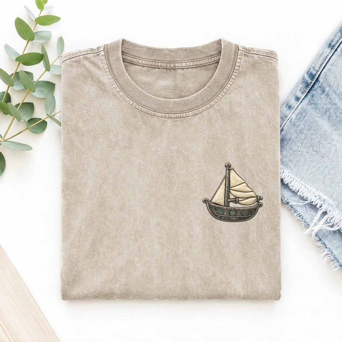 Sailboat Reefed Sail Keepsake Emblem Left Chest Vintage T-shirt – Off White