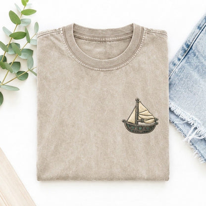 Sailboat Reefed Sail Keepsake Emblem Left Chest Vintage T-shirt – Off White