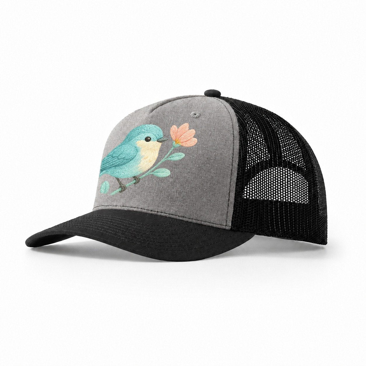 Aqua Chickadee Perched On Mint Eucalyptus Turquoise Cap Swee Trucker Hat – Grey-Black