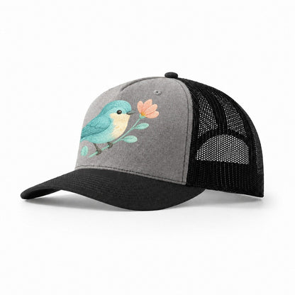 Aqua Chickadee Perched On Mint Eucalyptus Turquoise Cap Swee Trucker Hat – Grey-Black