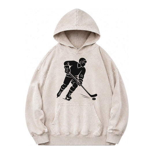 Ice Hockey Player Shooting Puck Vintage Washed Hoodie – Off White