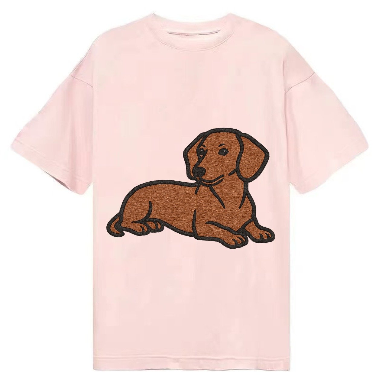 Dachshund Red Smooth Relaxed Lying Down With Head Up Embroid Classic T-shirt – Pink