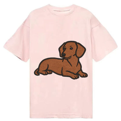 Dachshund Red Smooth Relaxed Lying Down With Head Up Embroid Classic T-shirt – Pink