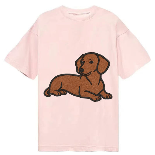 Dachshund Red Smooth Relaxed Lying Down With Head Up Embroid Classic T-shirt – Pink