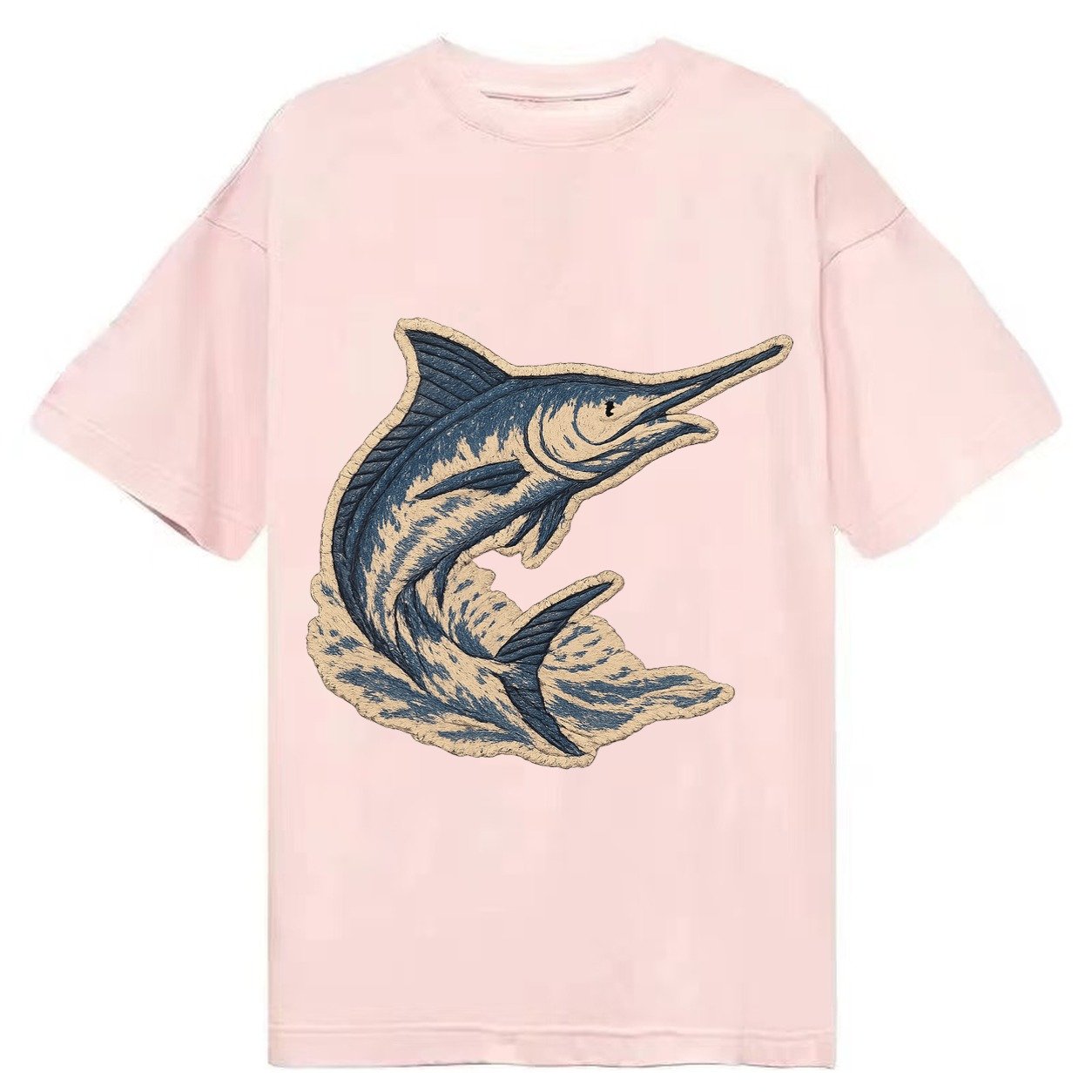 Embroidered Patch Design Swordfish Marlin Leaping Marlin In Classic T-shirt – Pink