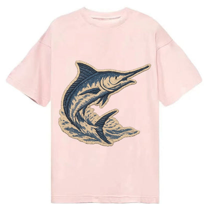 Embroidered Patch Design Swordfish Marlin Leaping Marlin In Classic T-shirt – Pink
