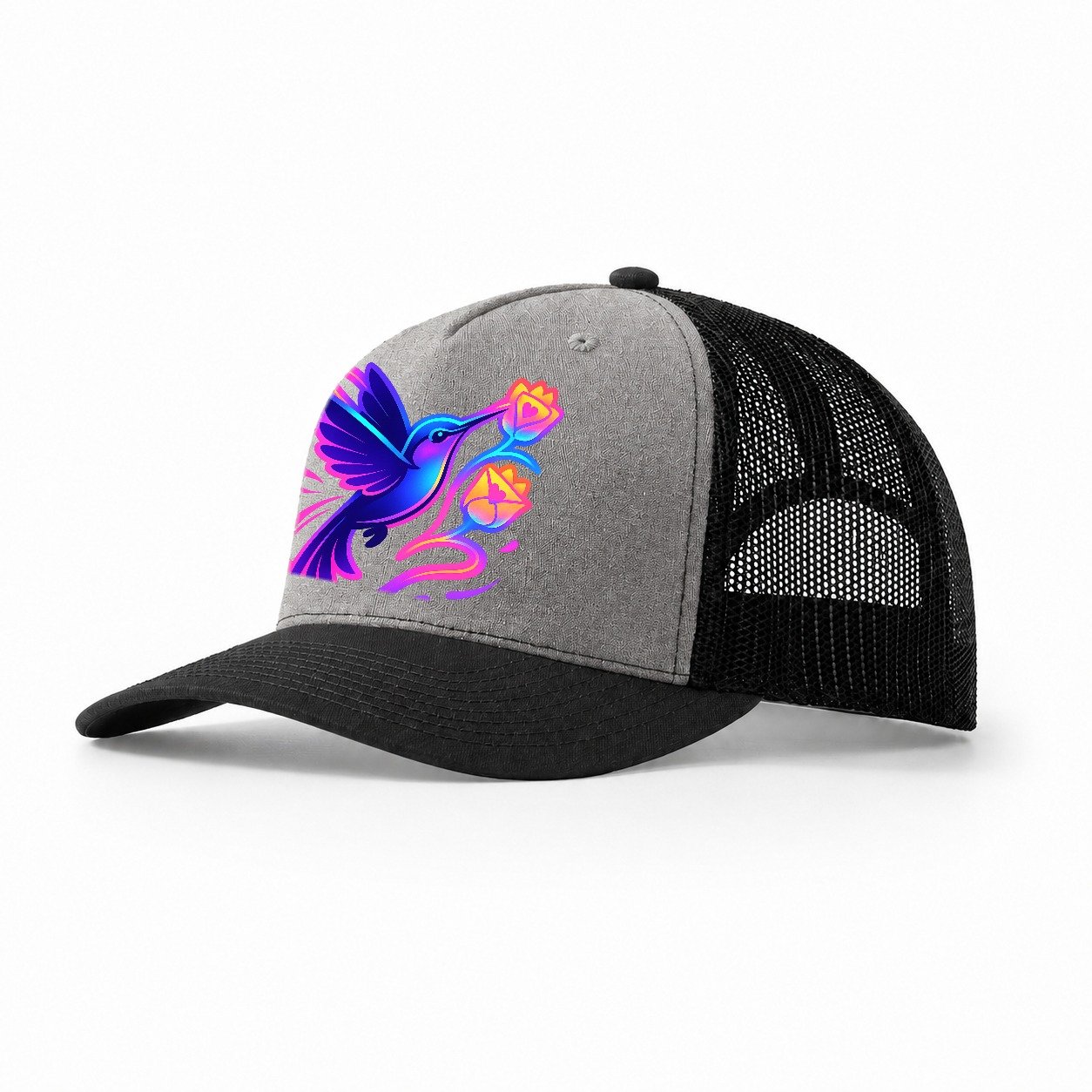 Hummingbird Delivering Miniature Love Letters Tucked Inside Trucker Hat – Grey-Black