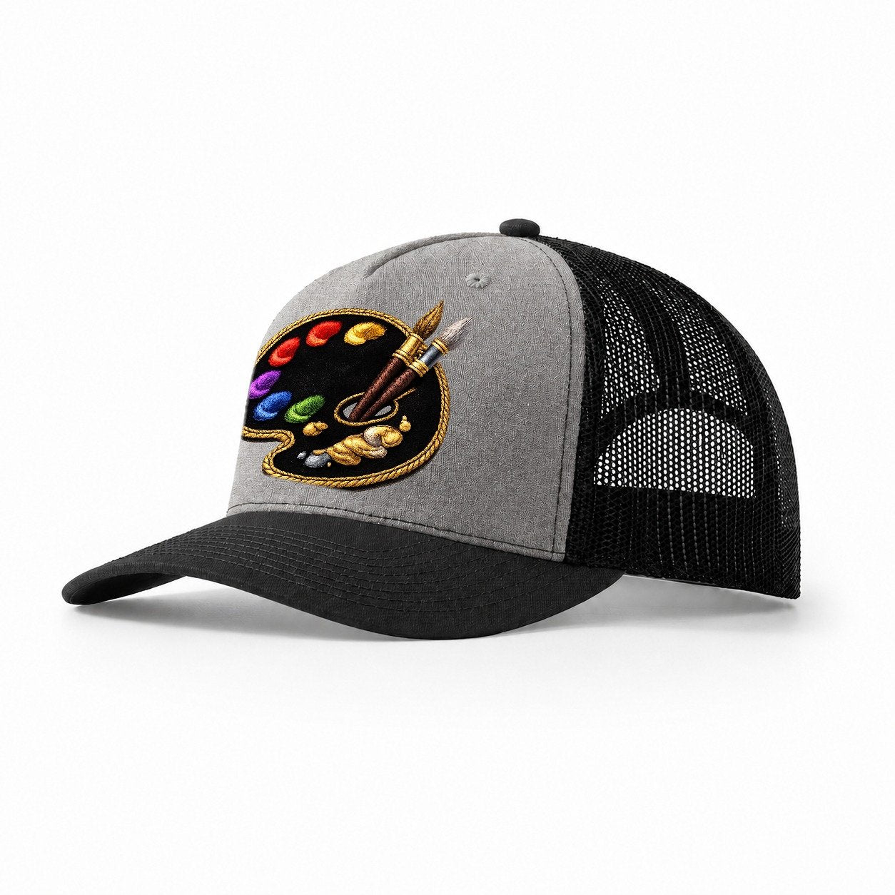 Artist Palette Rainbow Paints Embroidered Ea4b33 Trucker Hat – Grey-Black