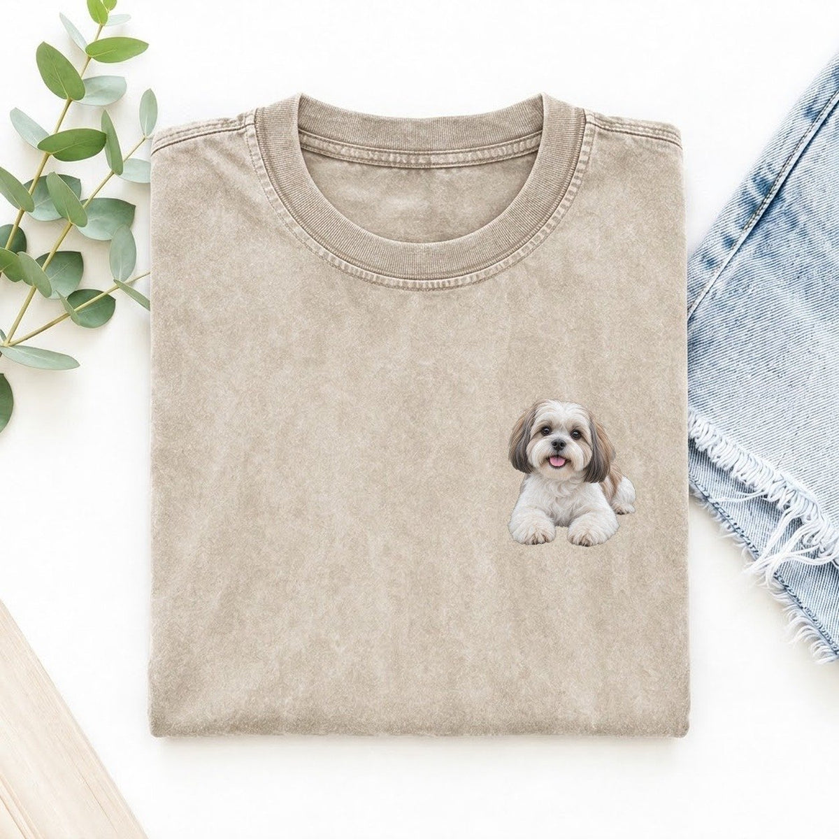 Shih Tzu Lying Down Left Chest Vintage T-shirt – Off White