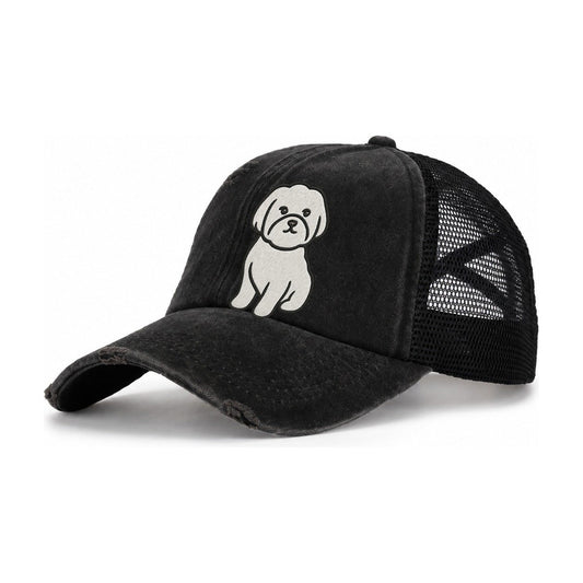 Maltese Pure White Fluffy Embroidered Design Women's Ponytail Trucker Hat – Black Black
