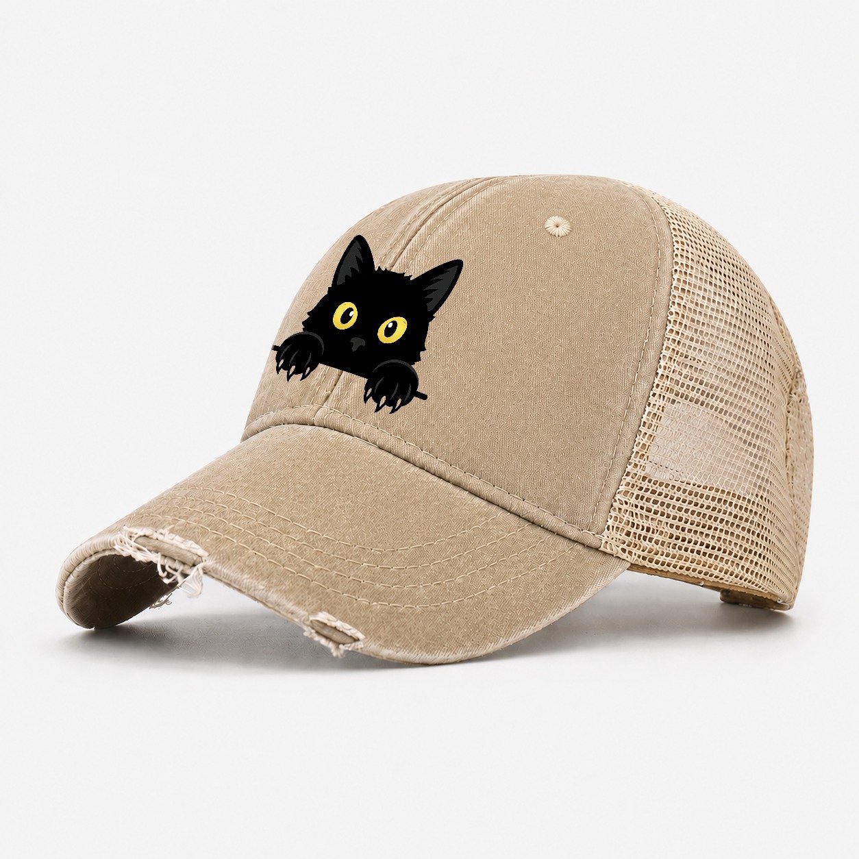 Black Cat Washed Trucker Hat – Khaki