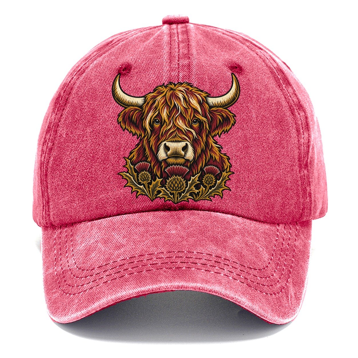 Highland Cow With Thistle Meadow Uk Culture Heritage Classic Cap – Pomegranate Blush