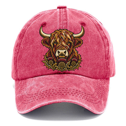 Highland Cow With Thistle Meadow Uk Culture Heritage Classic Cap – Pomegranate Blush