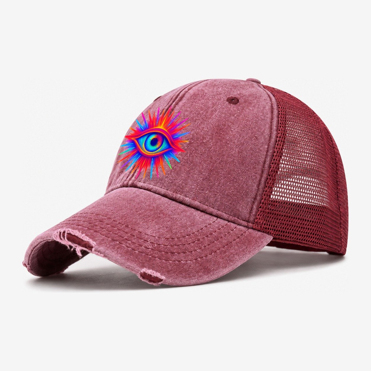 Rainbow Third Eye Prismatic Eye Radiating Spectrum Colors Re Washed Trucker Hat – Wine Red