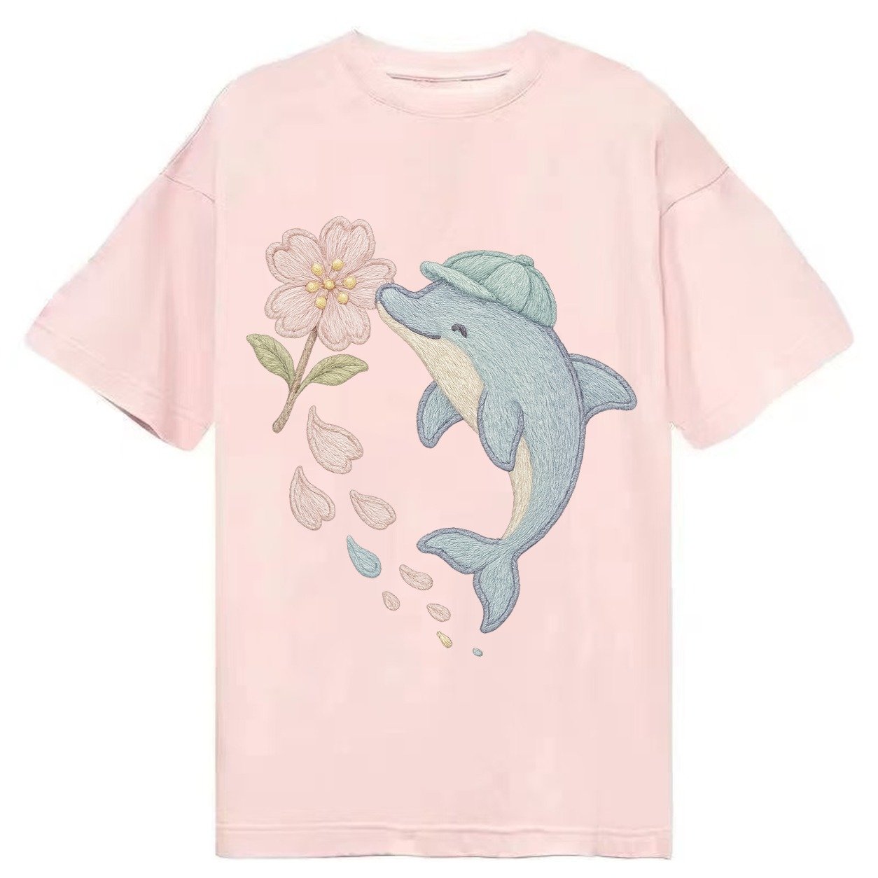 Dolphin Sakura Leap Leaping Through Blossoms Pale Aqua Cap C Classic T-shirt – Pink